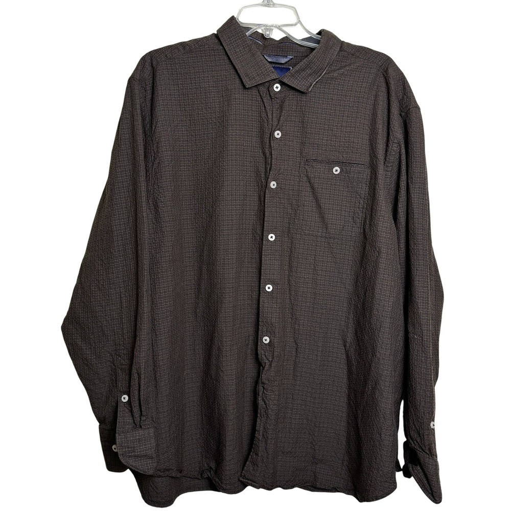 Tommy Bahama Mens XXL Brown Silk Cotton Grid Textured Long Sleeve Button Down